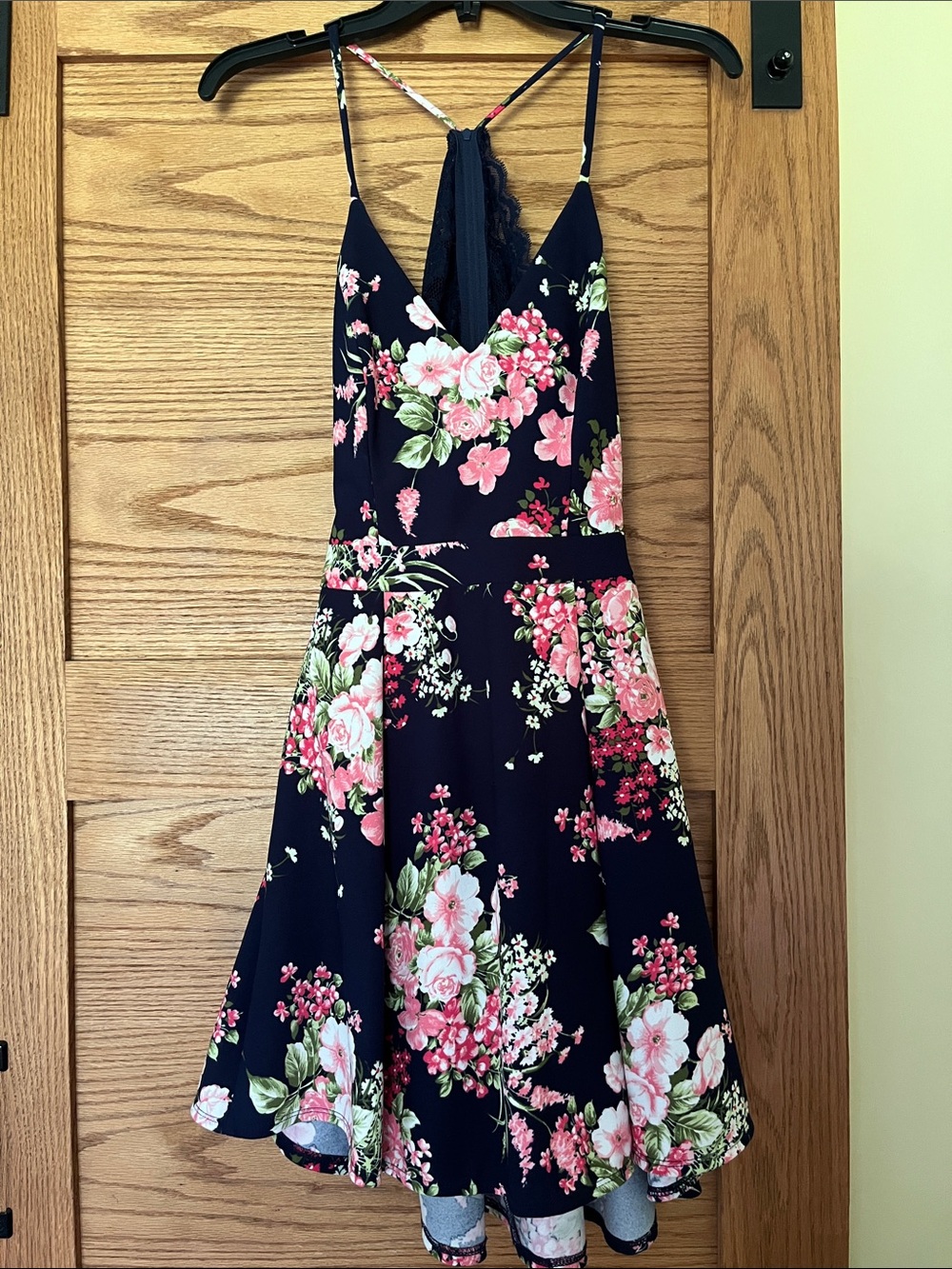 Navy Floral Sleeveless Fit-and-Flare Dress with Pink Roses